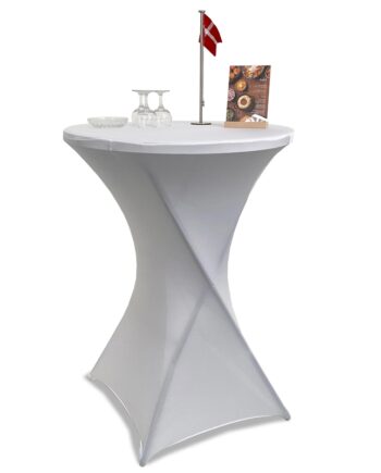 Event   Table   Rundt   ø   80cm   Højde   110cm    Hvid   Plade   Med   Stål   Stel   Med   Elastisk   Hvid   Dug