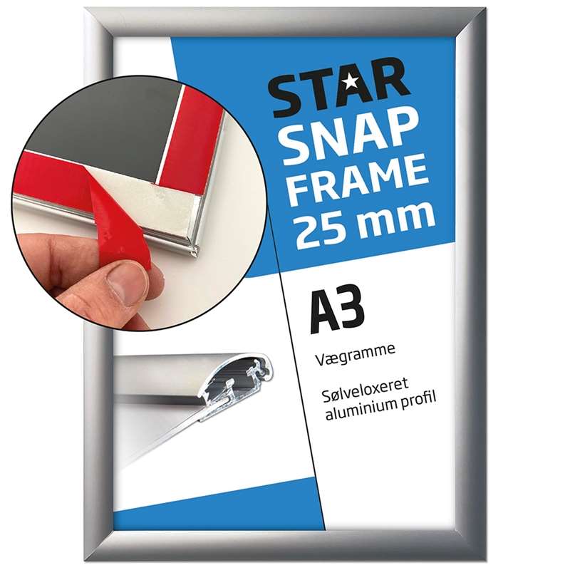 Klapramme Fast - Fix Med Tape På Bagsiden 25 Mm Alu Sølv A3