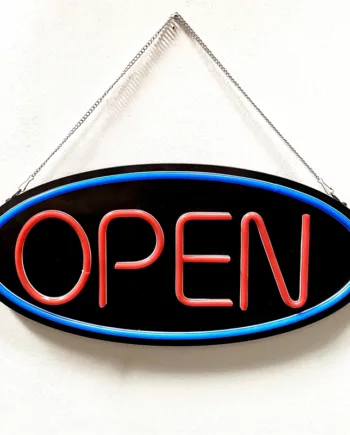 Open   Led   Skilt    Sort   Med   Rød   Tekst   Og   Blå   Kant