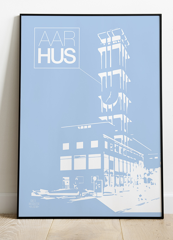 Aarhus - Plakat Med Rådhustårnet Stor Blå 21 X 29 A4 Kr 199 -