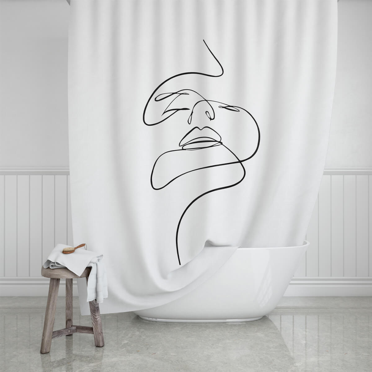 Badeforhæng Line Art Hvid Sort 180 X 200 Cm
