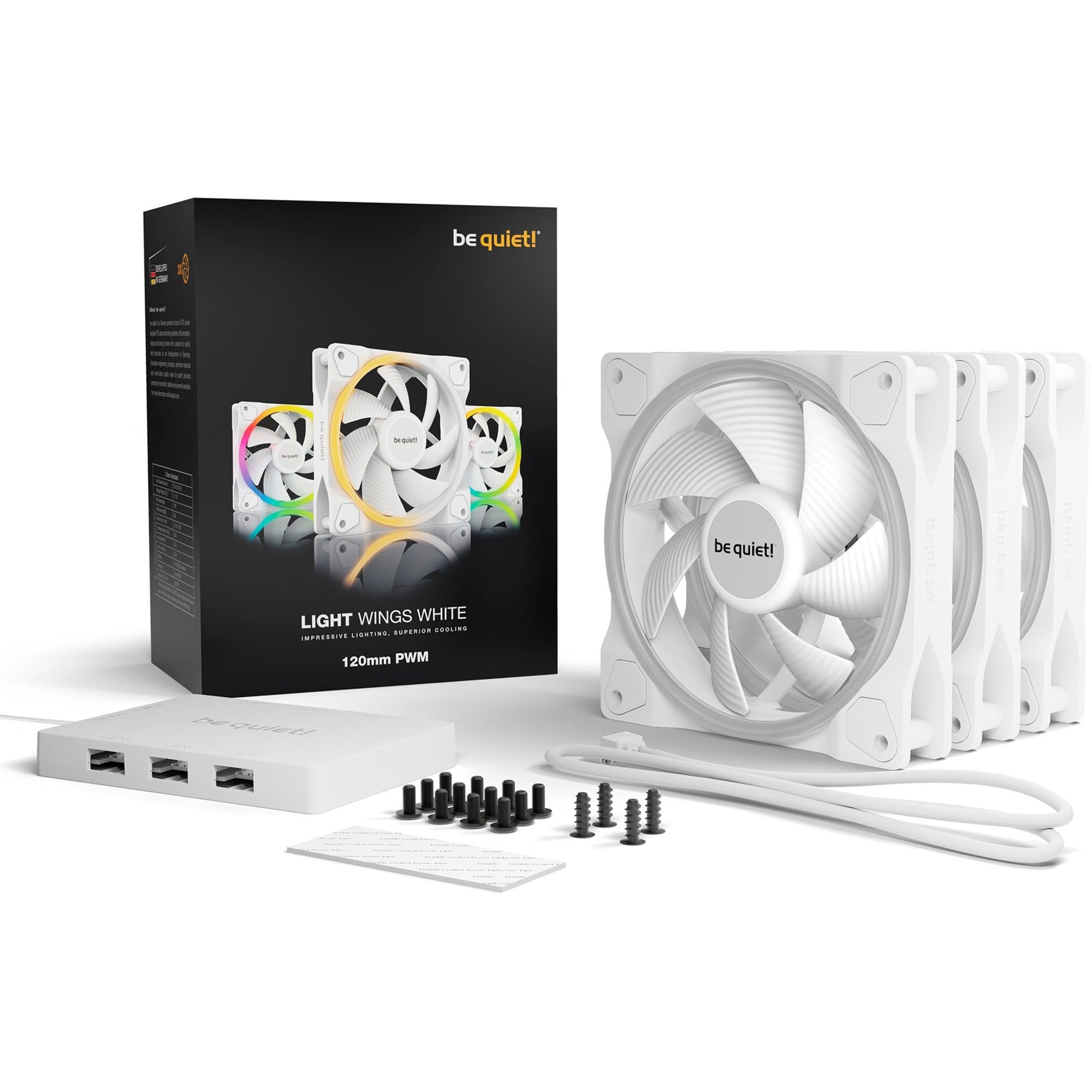 Be   Quiet    Light   Wings   White   120mm   Pwm   Triple   Pack    Case   Fan    White    Pack   Of        Incl    Argb   Hub