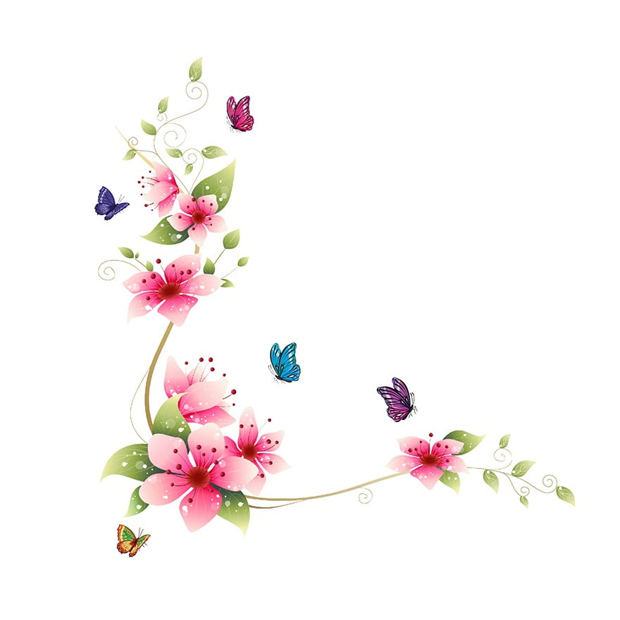 Blomsterranke   Pink   Med   Sommerfugle   Wallsticker
