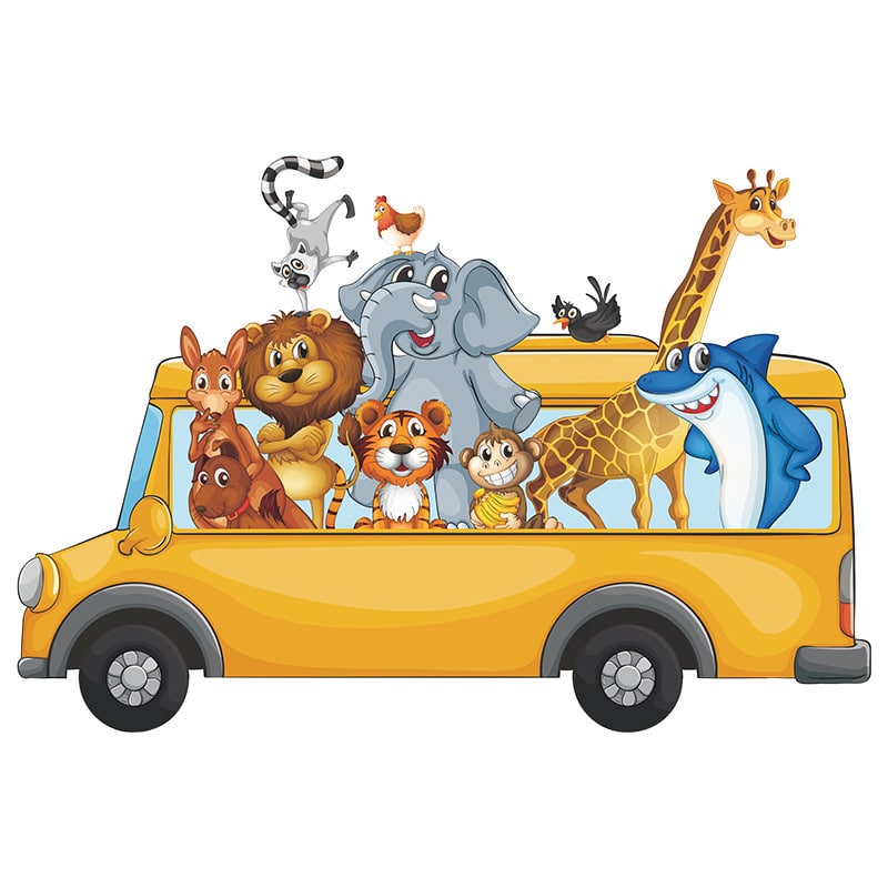 Dyrebus   Wallsticker   I   Flotte   Farver    Wallsticker   Med   Søde   Dyr   I   En   Bus