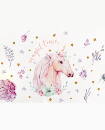 Enhjørning   Wallsticker   Med   Blomster   Og   Stjerner    Magicl   Time