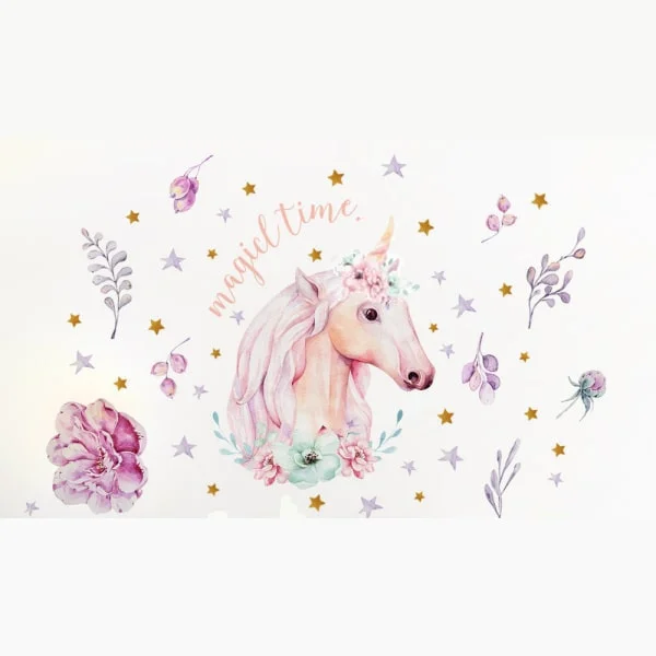 Enhjørning   Wallsticker   Med   Blomster   Og   Stjerner    Magicl   Time