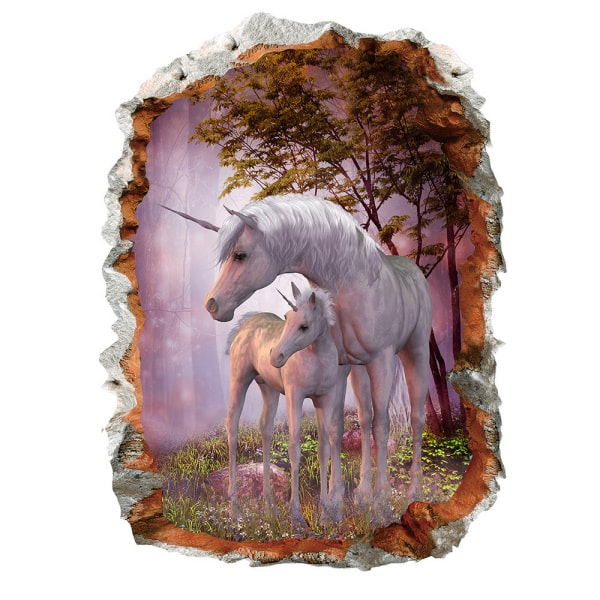 Enhjørning   Wallsticker    Mor   Med   Sit   Føl    Hul   I   Væggen    50x70cm