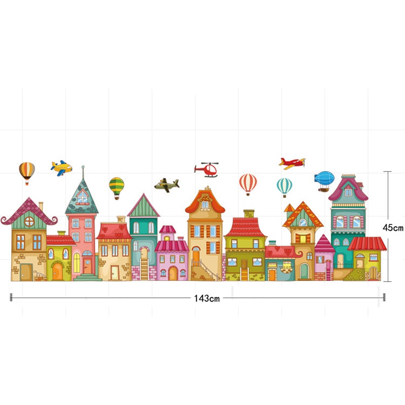 Farverig   Wallsticker   Med   En   Flot   Hyggelig   By   Med   Huse    Luftballoner    Flyvere   Mm