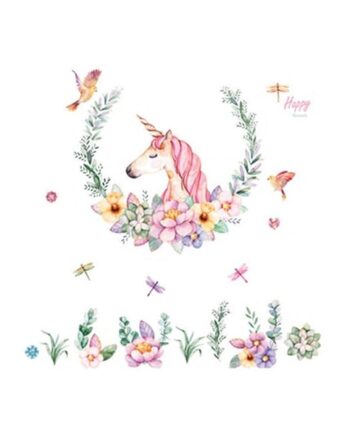 Flot   Enhjørning   Wallsticker   Med   Blomster    Fugle     Laurbærkrans