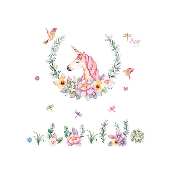 Flot   Enhjørning   Wallsticker   Med   Blomster    Fugle     Laurbærkrans