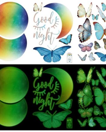 Flot   Selvlysende   Wallsticker   Med   En   Farverig   Måne    Halvmåne   Og   Masser   Af   Sommerfugle