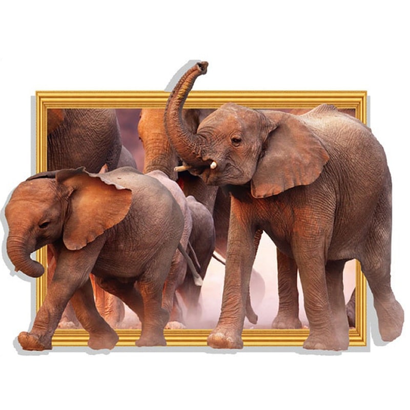 Flot Wallsticker Med Elefanter Som 3d Motiv På Vej Ud Af Billedet 64 5x88cm