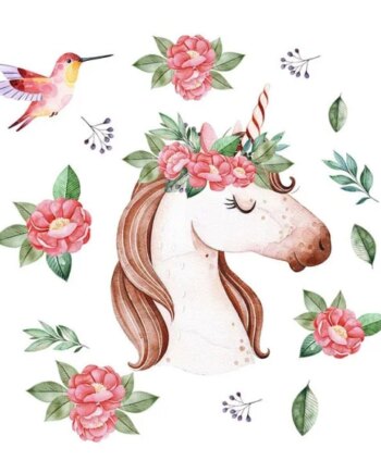Flot   Wallsticker   Med   Enhjørning    Kolibri   Og   Masser   Af   Blomster