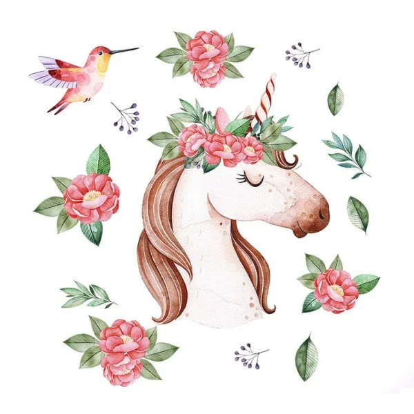 Flot Wallsticker Med Enhjørning Kolibri Og Masser Af Blomster