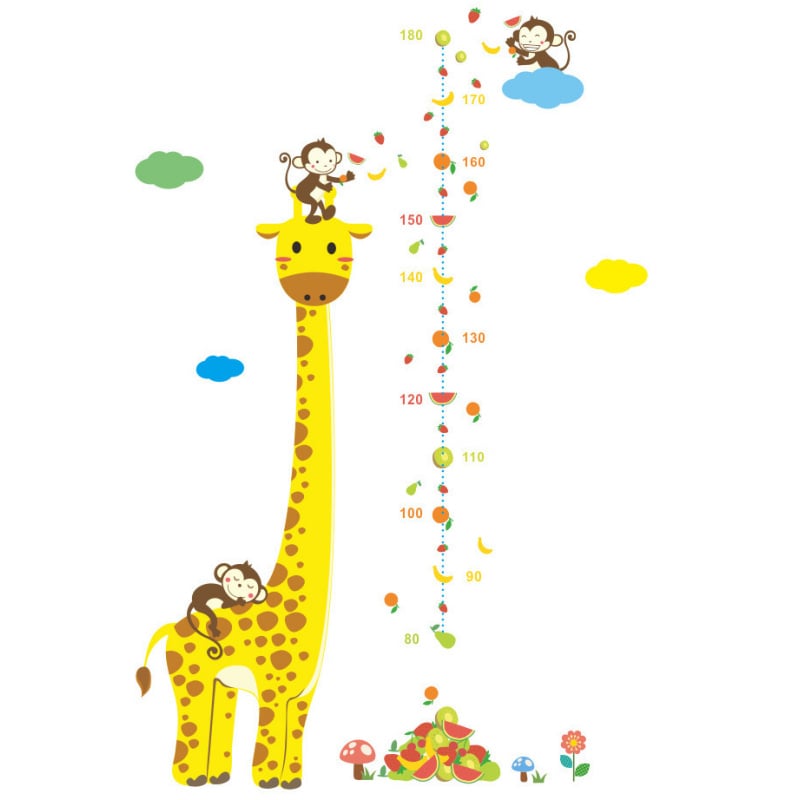 Giraf Wallsticker Målebånds Wallsticker Med En Stor Giraf Og Søde Aber 80 - 180cm
