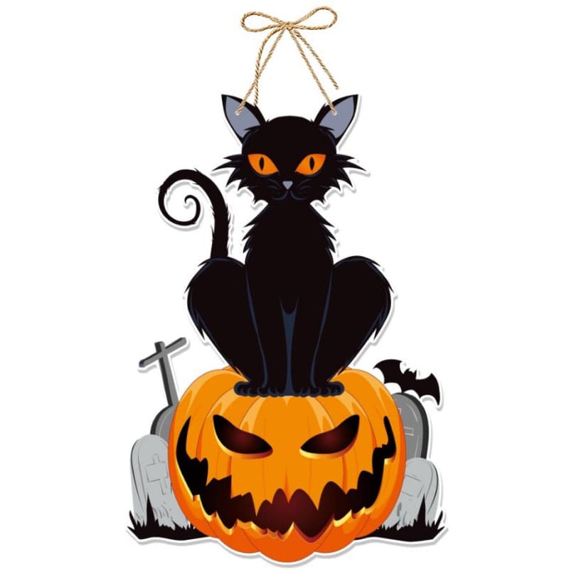 Hængende Halloween Vægdekoration Sort Kat På Skræmmende Græskar