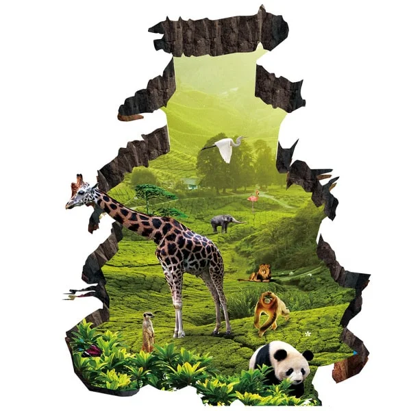 Hul I Væggen Wallsticker Eksotiske Dyr På Vej Ind På Værelset