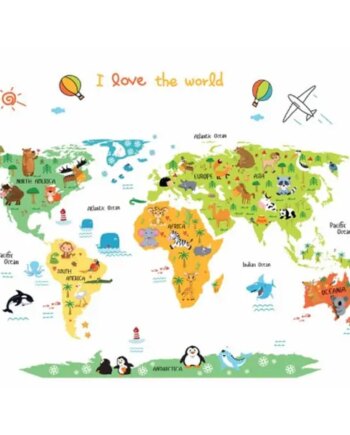 I   Love   The   World   Wallsticker    Flot   Verdenskort   For   Børn