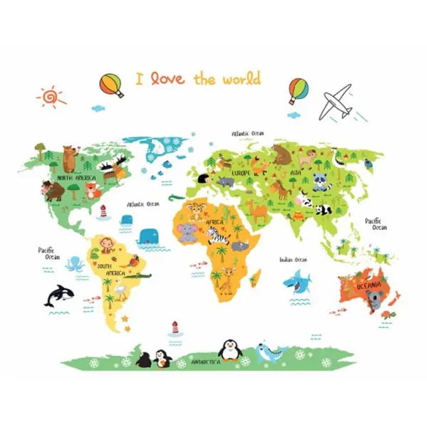I Love The World Wallsticker Flot Verdenskort For Børn