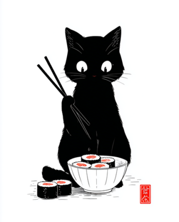 Japansk   Plakat        Kat   Med   Sushi   Og   Spisepinde