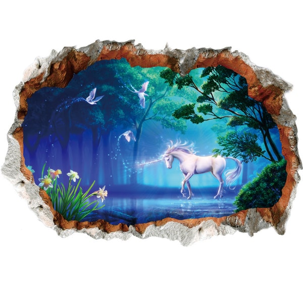 Magisk Enhjørning I Skoven Wallsticker Hul I Væg Blå Grøn