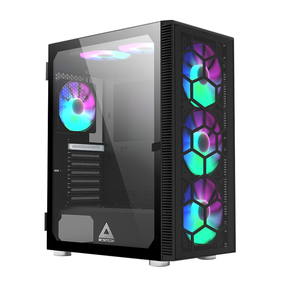 Montech   X3   Glas   Sort       Fans   Inkluderet    Statisk   Rgb    Tempereret   Glas   Side