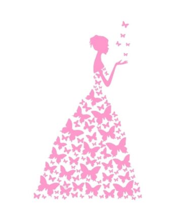 Pige   Med   Sommerfuglekjole   Wallsticker    89x58   Cm    Pink
