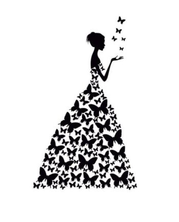 Pige   Med   Sommerfuglekjole   Wallsticker    89x58   Cm    Sort