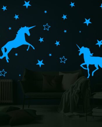 Selvlysende   Enhjørning   Wallsticker   Med   To   Enhjørninger   Og   29   Stjerner    Blå
