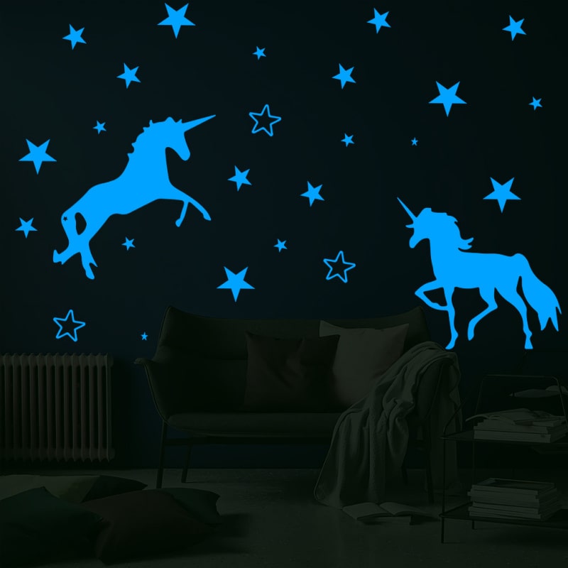 Selvlysende Enhjørning Wallsticker Med To Enhjørninger Og 29 Stjerner Blå