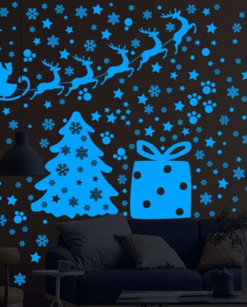 Selvlysende   Jule   Wallsticker   Med   Julemand    Rensdyr    Juletræ    Sne    Stjerner   Mm