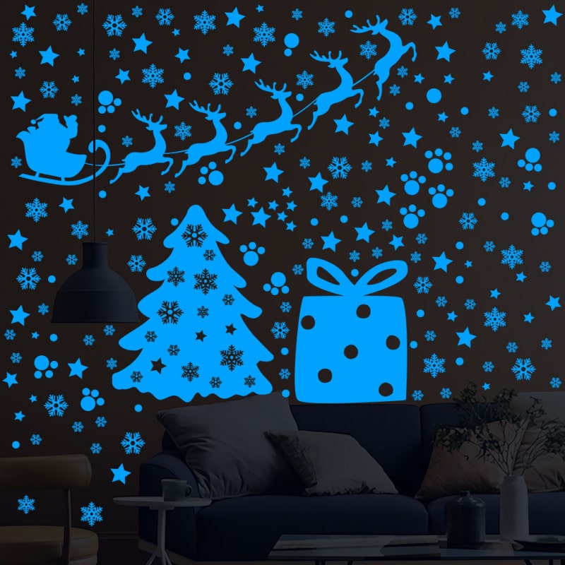 Selvlysende Jule Wallsticker Med Julemand Rensdyr Juletræ Sne Stjerner Mm