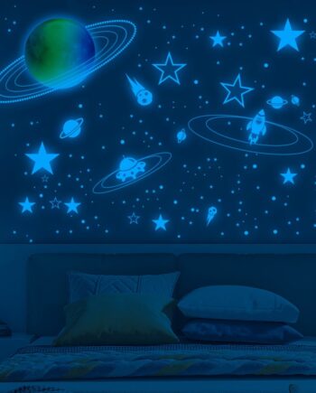 Selvlysende   Wallsticker   Med   En   Farverig   Måne    Stjernehimmel    Planeter   Mm    1044   Stk    Blå