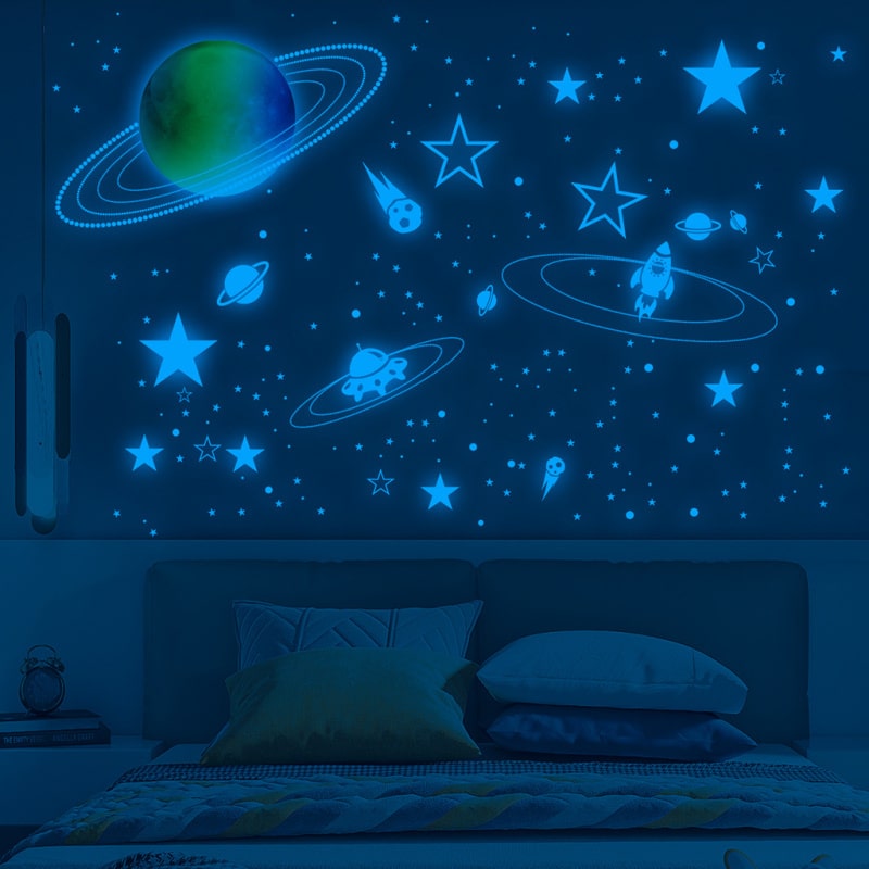 Selvlysende   Wallsticker   Med   En   Farverig   Måne    Stjernehimmel    Planeter   Mm    1044   Stk    Blå