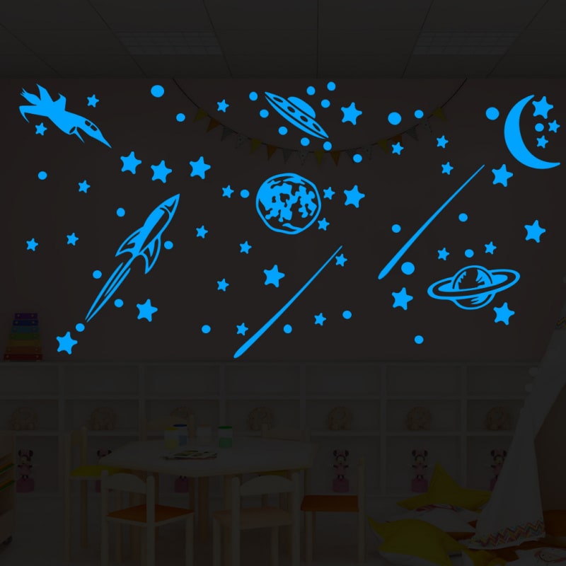 Selvlysende   Wallsticker   Med   Stjernehimmel    Rumskib    Ufoer    Planeter   Mm    Blå