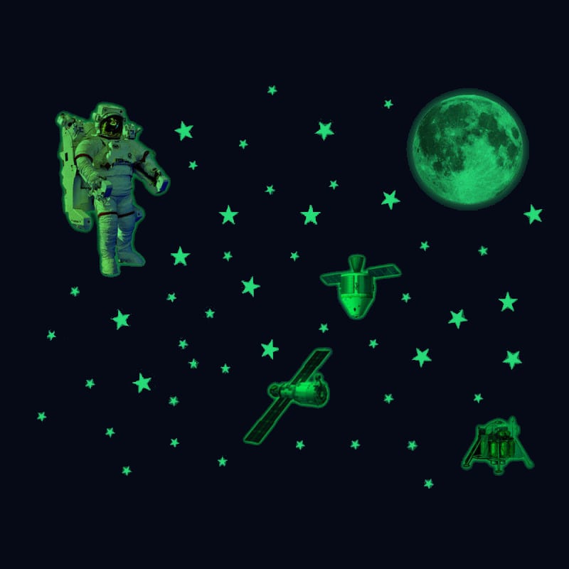 Selvlysende   Wallsticker   Til   Den   Lille   Astronaut    Stjernehimmel   Med   En   Astronaut    En   Måne    Satellitter   Mm