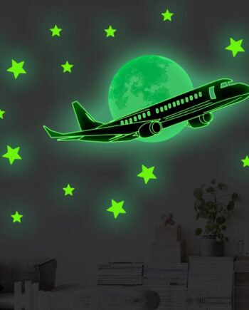 Selvlysende   Wallsticker   Til   Den   Lille   Pilot    Stjernehimmel   Med   En   Flyver   Foran   Månen   Samt   Masser   Af   Stjerner