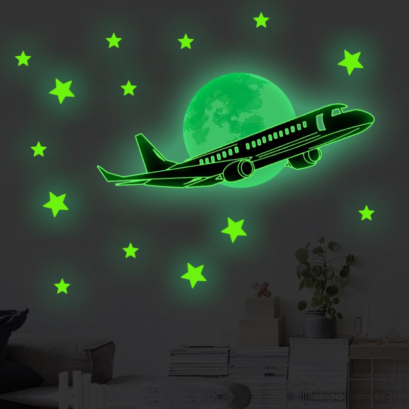 Selvlysende   Wallsticker   Til   Den   Lille   Pilot    Stjernehimmel   Med   En   Flyver   Foran   Månen   Samt   Masser   Af   Stjerner
