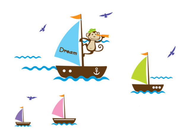 Sjov   Wallsticker   Med   En   Sejlende   Abe   Samt   Ekstra   Skibe