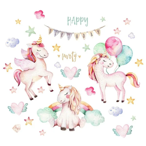 Sød Enhjørning Wallsticker Happy Birthday Party Fødselsdagsfest