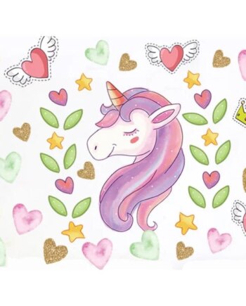 Sød   Enhjørning   Wallsticker   Med   Masser   Af   Hjerter    30x60cm