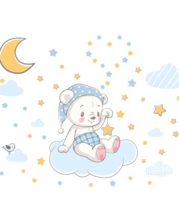 Sød   Selvlysende   Wallsticker   Med   En   Lille   Bamse   Der   Sidder   På   En   Sky    Omgivet   Af   Masser   Af   Stjerner