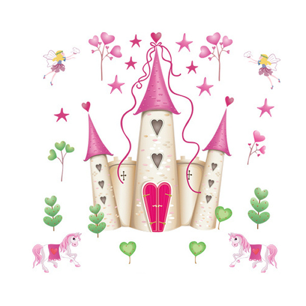 Sød Wallsticker Med Et Slot Hjerter Og Heste 90x88cm