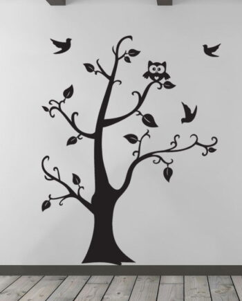 Stort   Træ   Med   Ugle   Wallsticker