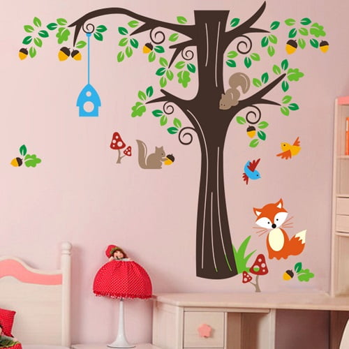 Træ   Med   Fuglehus   Og   Dyr   Wallsticker
