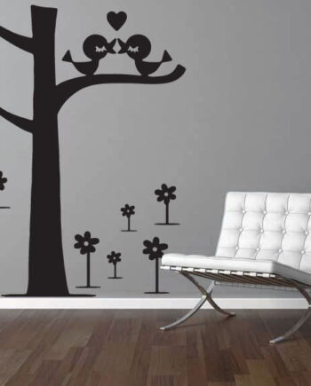 Træ   Med   To   Hjerte   Fugle   Wallsticker