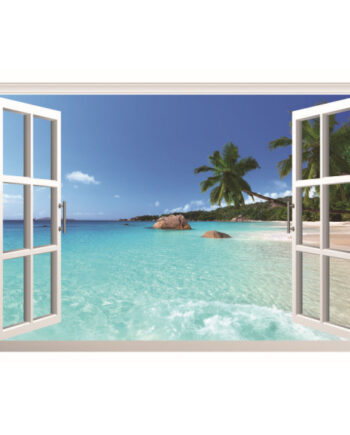 Vindue   Til   Paradis    Wallsticker   Med   Stranden   Som   Nabo    90x60cm