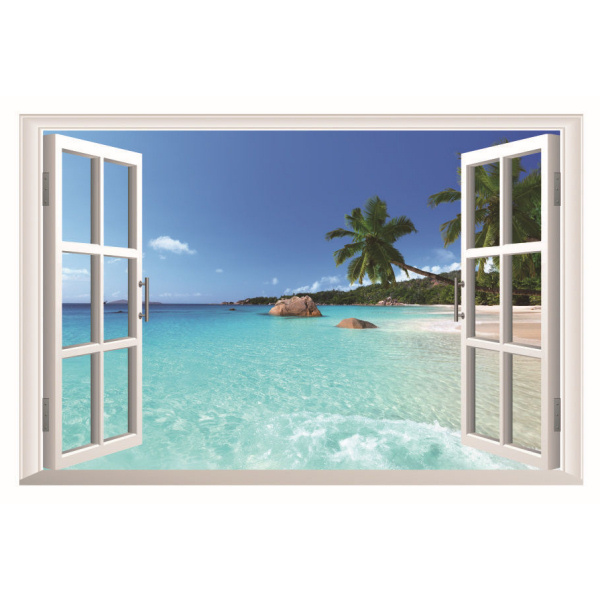 Vindue   Til   Paradis    Wallsticker   Med   Stranden   Som   Nabo    90x60cm