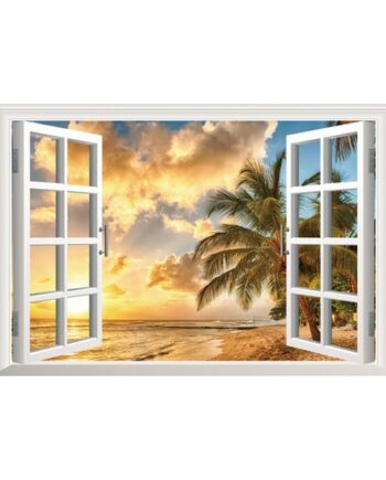 Vindue   Wallsticker    Solen   Står   Op   På   Stranden    60x90cm