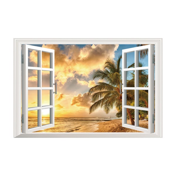 Vindue   Wallsticker    Solen   Står   Op   På   Stranden    60x90cm